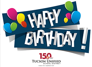 Happy Birthday graphic celebrating ߲о Unified School District's 150th anniversary. 