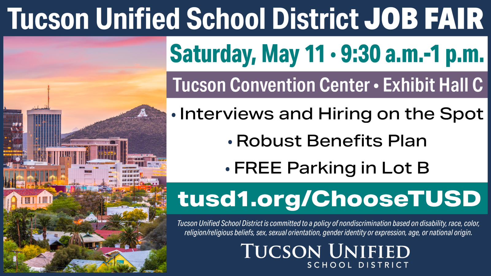 Join us on Saturday May 11 from 9:30 am - 1:00 pm at the ߲о Convention Center Exhibit Hall C (260 S. Church Ave.) for the ߲о Unified School District Job Fair!  Interviews and Hiring on the Spot Robust Benefits Plan FREE Parking in Lot B  
